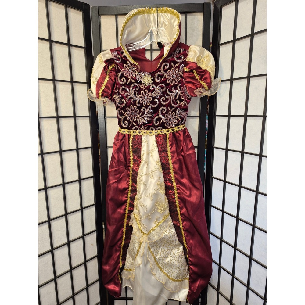 Burgundy Renaissance Princess Costume Dress Girls Velvet Gold Lace Embroidery